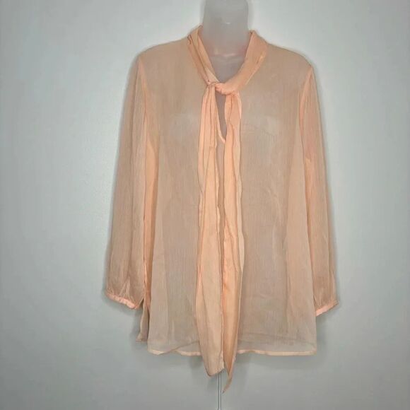Massimo Dutti Studio Sheer Blouse Pink peach size medium NWT Pussybow tie front